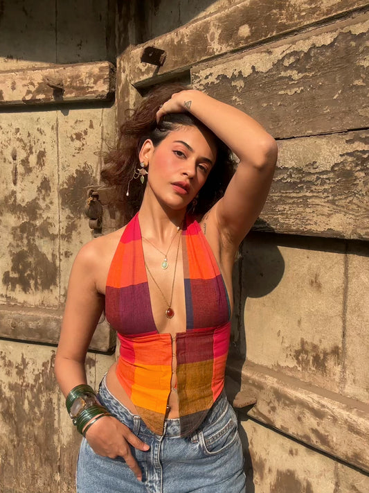 Aaila! Halter Top | Multicoloured Checkered | Handloom Cotton