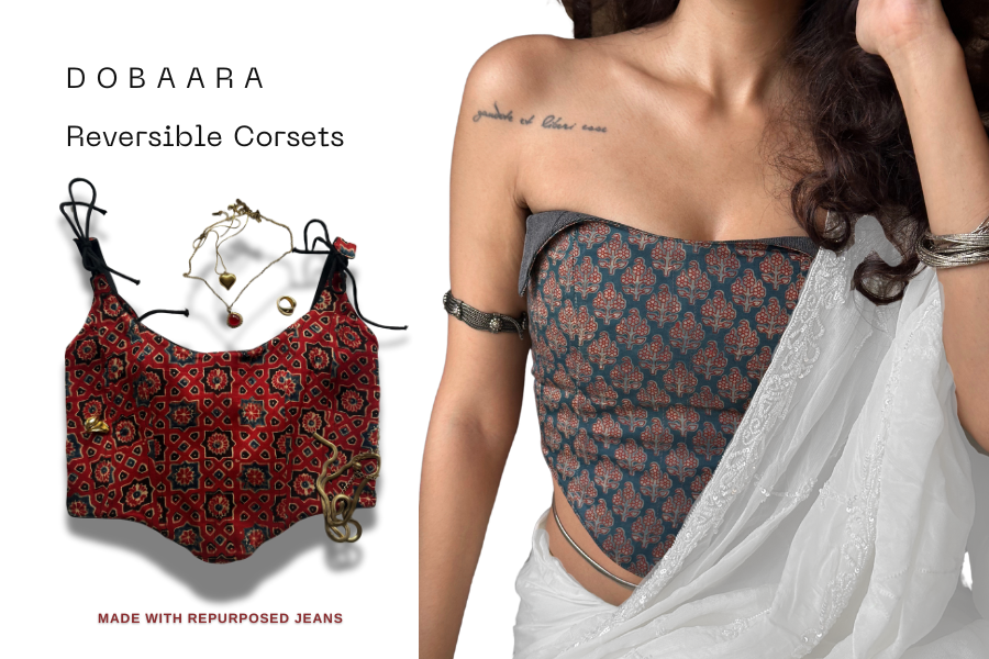 Reversible corset with red and black ajrakh pattern worn by a model, featuring 'Jamun Soda' brand.