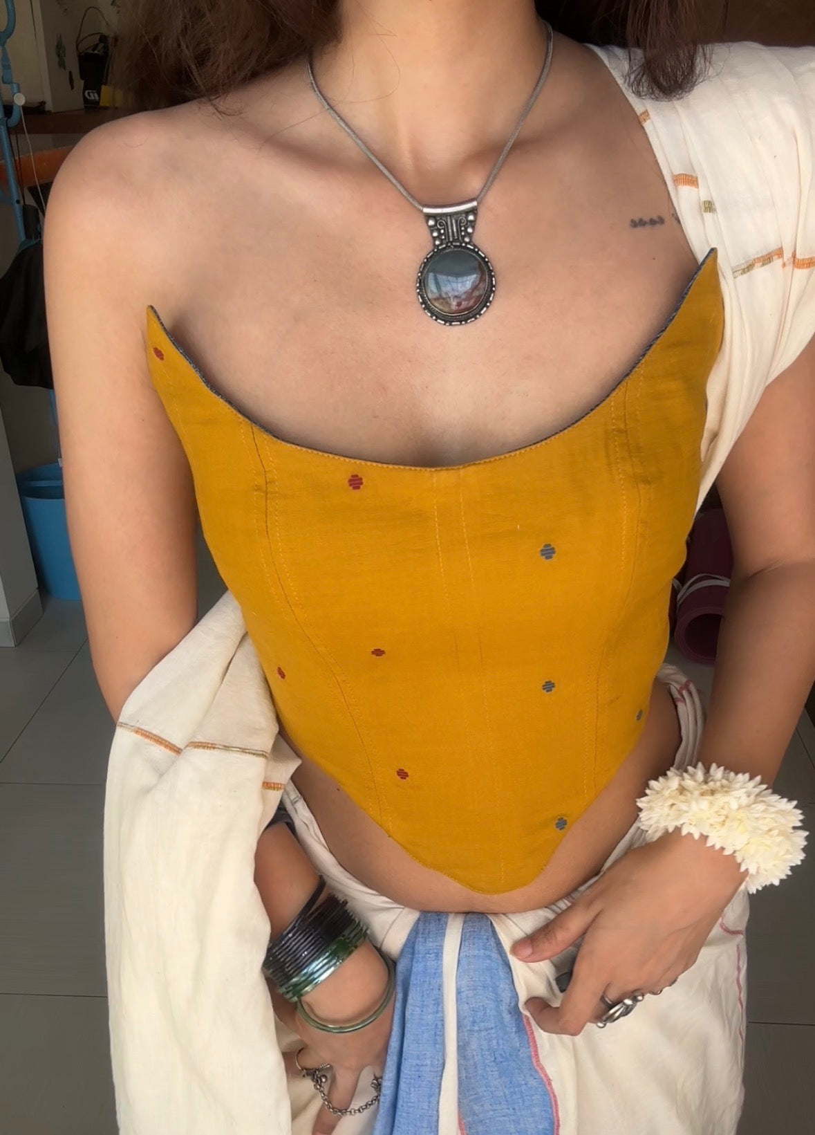 Mustard Handloom Cotton with Buta | Reversible Corset Top