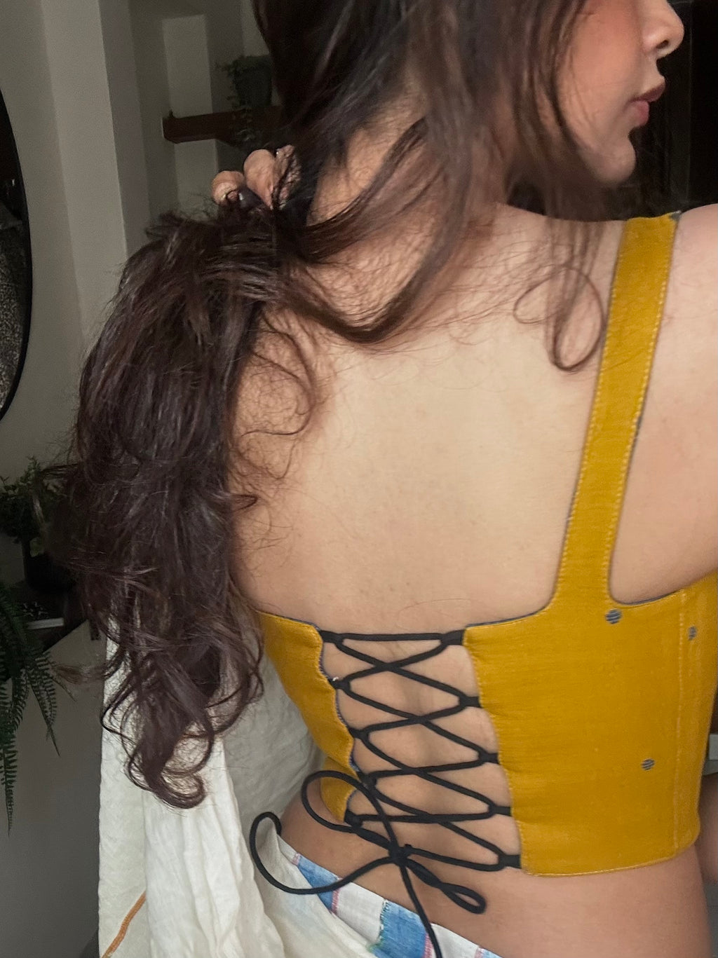 Mustard Handloom Cotton with Buta | Reversible Corset Top