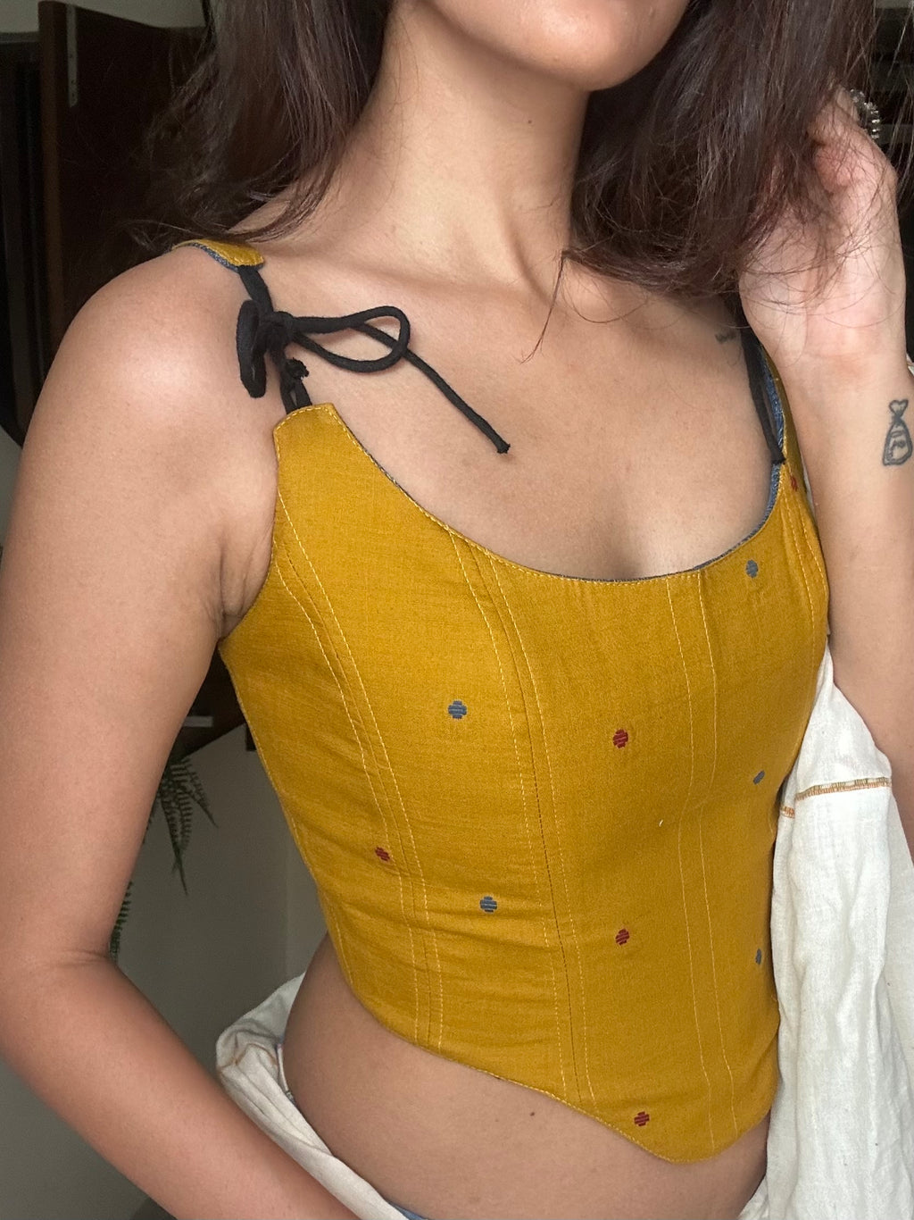 Mustard Handloom Cotton with Buta | Reversible Corset Top